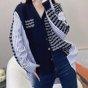 Colorblock Stripe Loose V-neck Cardigan Sweater Shirt - Modakawa modakawa