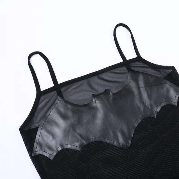 Bat Pattern PU Leather Mesh Crop Top - Modakawa Modakawa