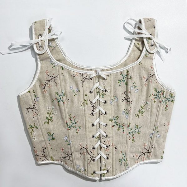 Vintage Floral Print Lace Up Corset Top - Modakawa Modakawa