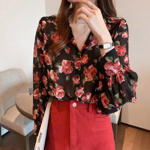 Vintage Floral Print Lapel Casual T-Shirt - Modakawa Modakawa