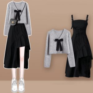 Bow Knot V-neck Cardigan Sweater Lace Up Irregular Slip Dress Two Pieces - Modakawa modakawa